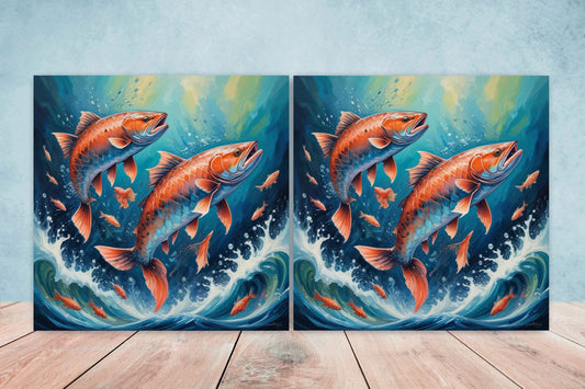 Salmon Fish Ceramic Tile - Japanese Wave Tiles -Set of 2 Wall Decor Tiles -Kitchen Backsplash Tiles,Table Decorative Tiles,Bathroom, Coaster