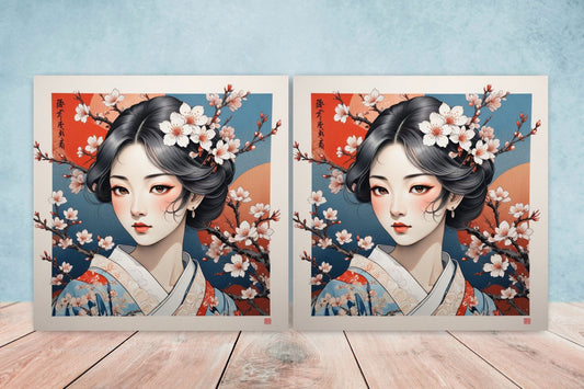 Japanese Ceramic Tiles - Japanese Girl -Set of 2 Wall Decor Tiles -Kitchen Backsplash Tiles,Table Decorative Tiles,Bathroom, Coaster