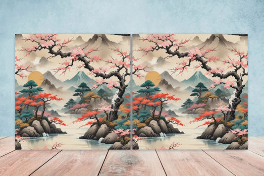 Japanese Ceramic Tiles - Japanese Landscape -Set of 2 Wall Decor Tiles -Kitchen Backsplash Tiles,Table Decorative Tiles,Bathroom, Coaster