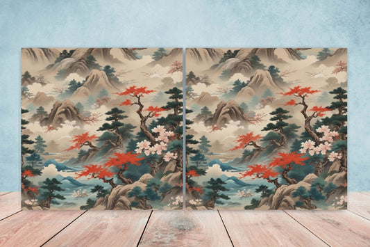 Japanese Ceramic Tiles - Japanese Landscape -Set of 2 Wall Decor Tiles -Kitchen Backsplash Tiles,Table Decorative Tiles,Bathroom, Coaster
