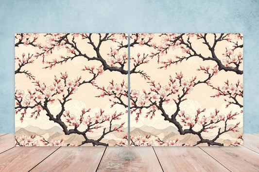 Japanese Ceramic Tiles Cherry Blossom Flower Design - Set of 2 Wall Décor Tiles - Kitchen Backsplash Tiles, Decorative Tiles, Bathroom Tiles