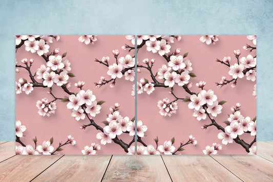 Japanese Ceramic Tiles Cherry Blossom Flower Design - Set of 2 Wall Décor Tiles - Kitchen Backsplash Tiles, Decorative Tiles, Bathroom Tiles