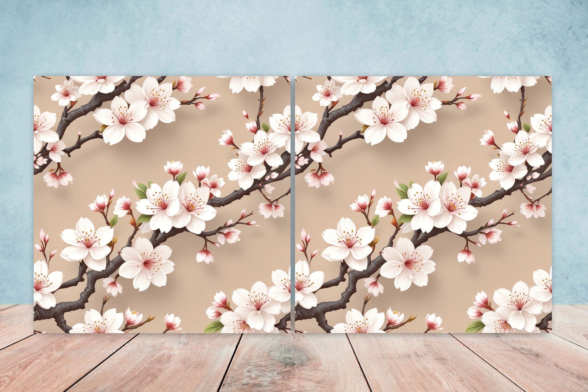 Japanese Ceramic Tiles Cherry Blossom Flower Design - Set of 2 Wall Décor Tiles - Kitchen Backsplash Tiles, Decorative Tiles, Bathroom Tiles