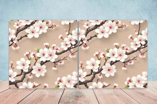 Japanese Ceramic Tiles Cherry Blossom Flower Design - Set of 2 Wall Décor Tiles - Kitchen Backsplash Tiles, Decorative Tiles, Bathroom Tiles