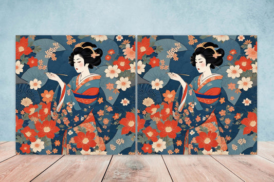 Japanese Ceramic Tiles - Japanese Geisha -Set of 2 Wall Decor Flower tiles -Kitchen Backsplash Tiles,Table Decorative Tiles,Bathroom,Coaster