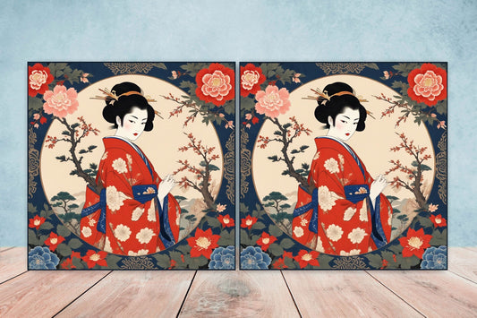 Japanese Ceramic Tiles - Japanese Geisha -Set of 2 Wall Decor Flower tiles -Kitchen Backsplash Tiles,Table Decorative Tiles,Bathroom,Coaster