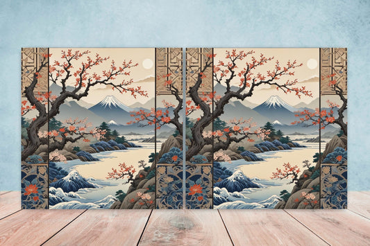 Japanese Ceramic Tiles - Japanese Landscape -Set of 2 Wall Decor Tiles -Kitchen Backsplash Tiles,Table Decorative Tiles,Bathroom, Coaster