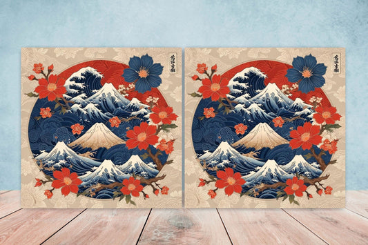 Japanese Ceramic Tiles - Japanese Landscape -Set of 2 Wall Decor Tiles -Kitchen Backsplash Tiles,Table Decorative Tiles,Bathroom, Coaster