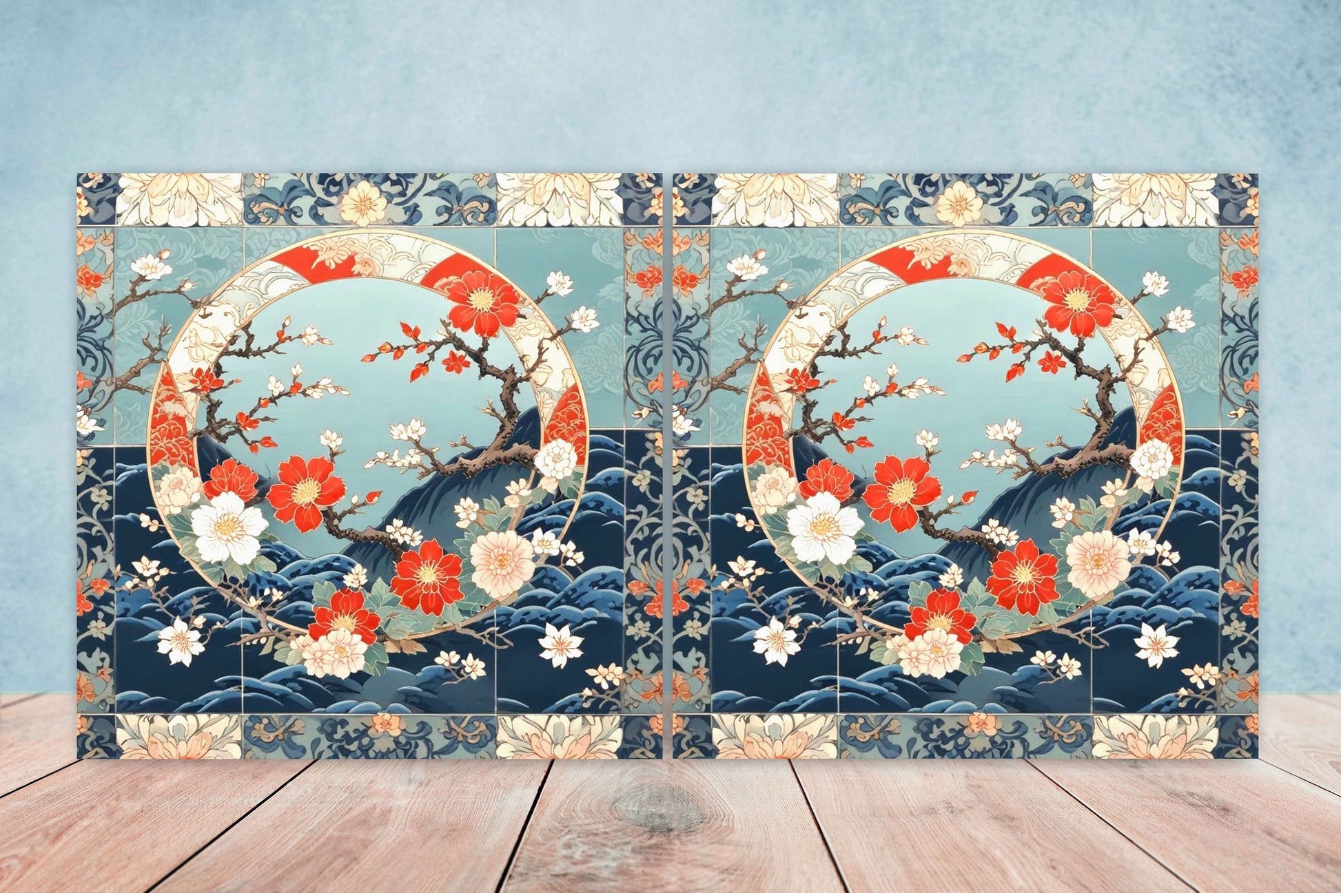 Japanese Ceramic Tiles Cherry Blossom Flower Design - Set of 2 Wall Décor Tiles - Kitchen Backsplash Tiles, Decorative Tiles, Bathroom Tiles
