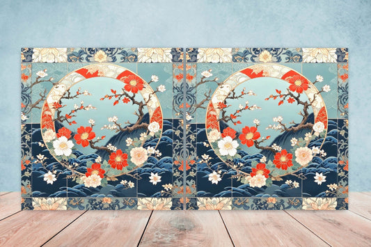 Japanese Ceramic Tiles Cherry Blossom Flower Design - Set of 2 Wall Décor Tiles - Kitchen Backsplash Tiles, Decorative Tiles, Bathroom Tiles