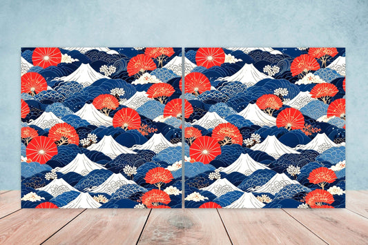 Japanese Ceramic Tiles - Japanese Pattern -Set of 2 Wall Decor Tiles -Kitchen Backsplash Tiles,Table Decorative Tiles,Bathroom, Coaster
