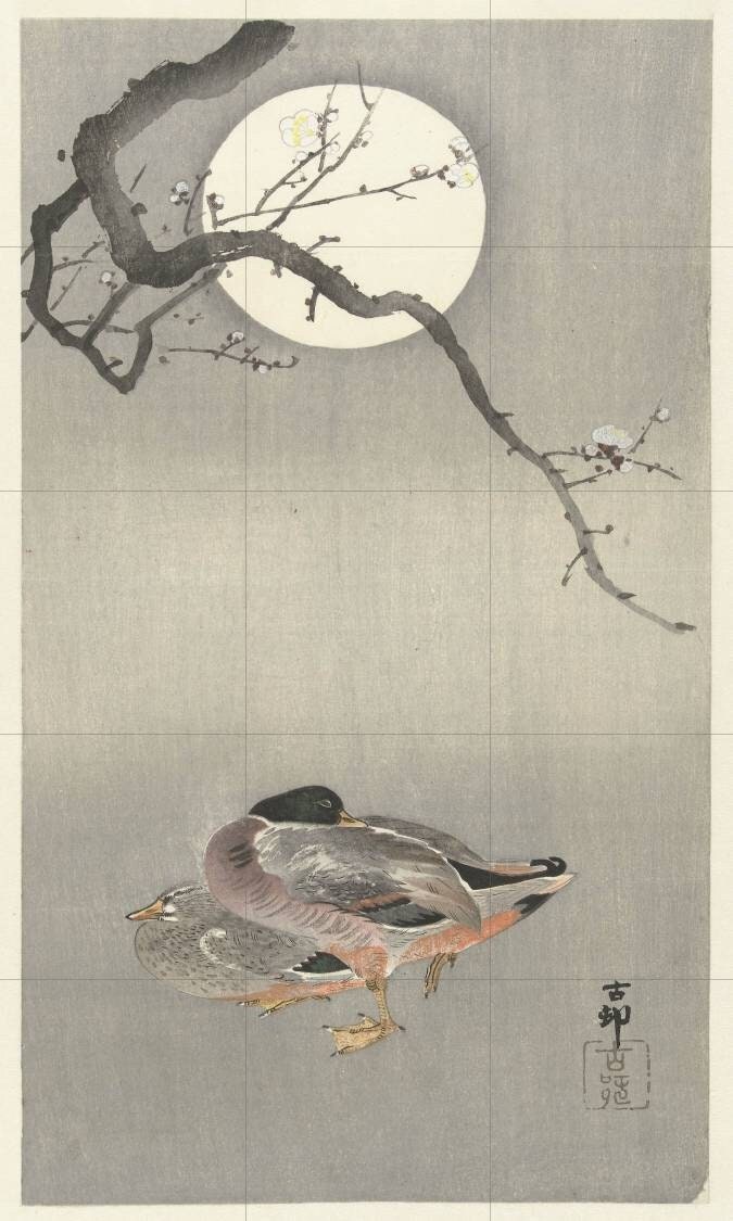Tile Mural/Mosaic Ceramic Panel of Ducks at Full Moon - Ohara Koson Painting- Japan Art - Japanese Mural - Mosaic - Gloss Tiles- Tile Mosaic