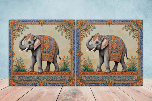 Indian Elephant Ceramic Gloss Wall Tiles Set of 2 - Elephant Wall Art Print - Elephant Mughal art - Elephant Home Decor - Elephant print
