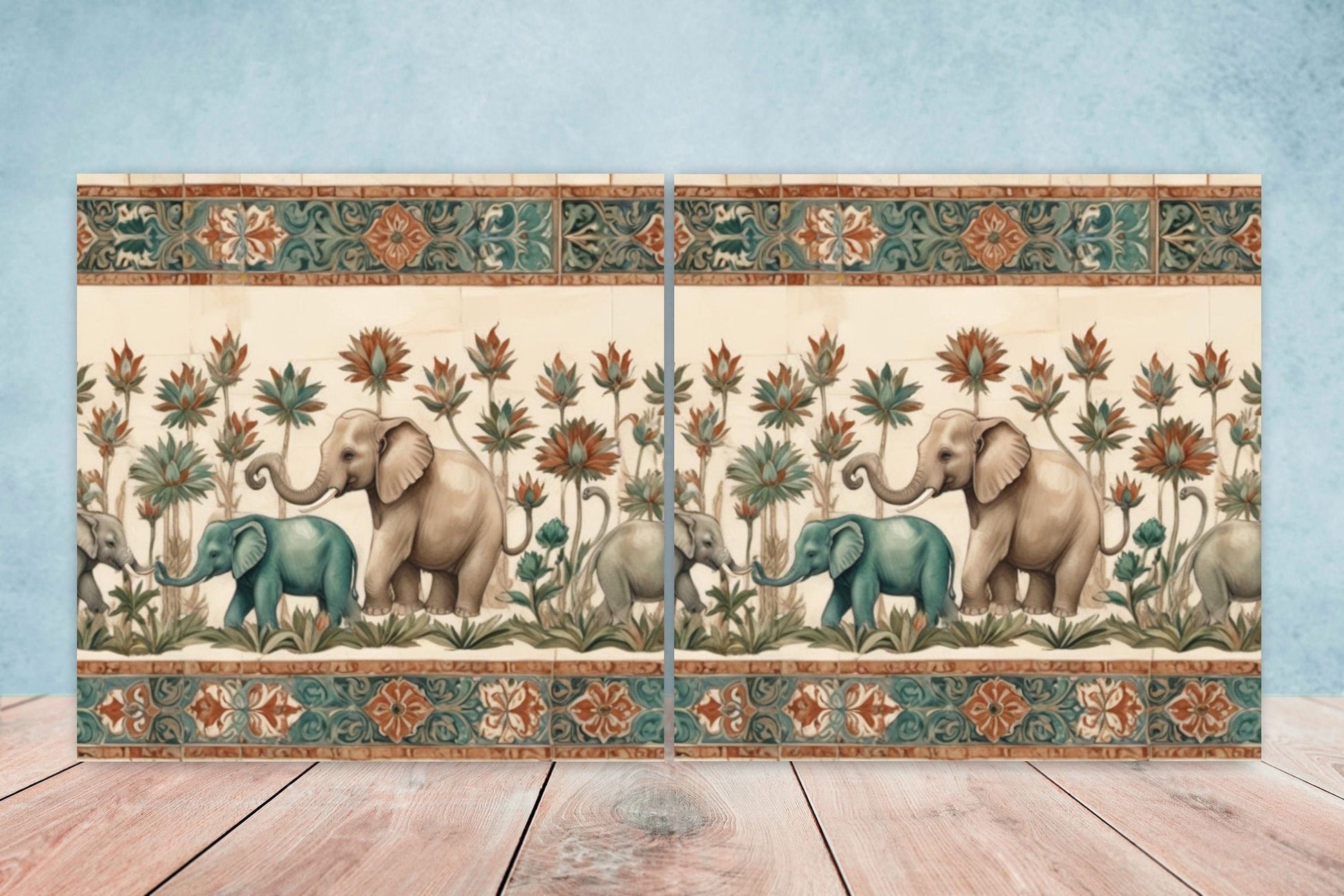 Indian Elephant Ceramic Gloss Wall Tiles Set of 2 - Elephant Wall Art Print - Elephant Mughal art - Elephant Home Decor - Elephant print