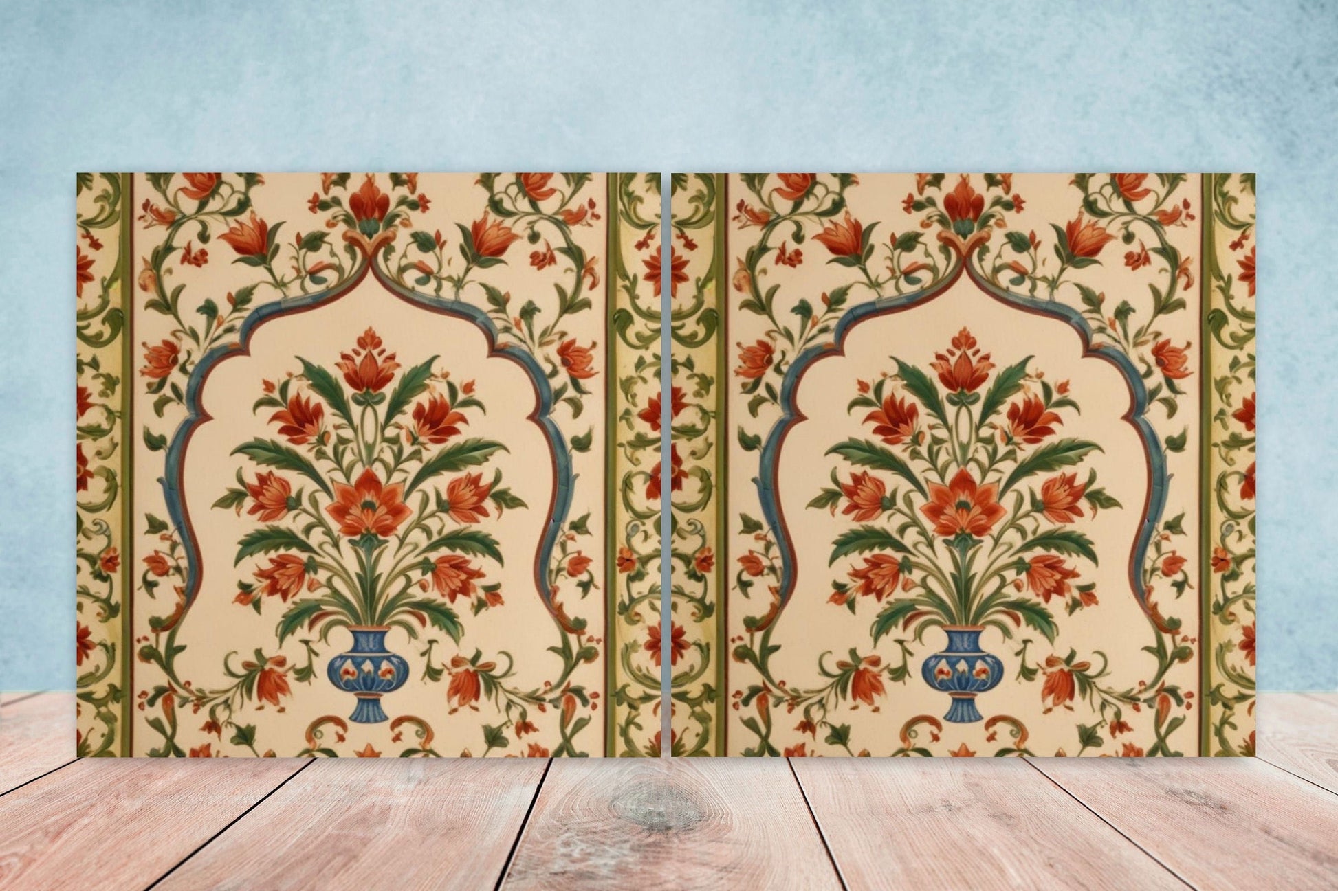 Flower Ceramic Gloss Wall Tiles Set of 2 - Botanical Wall Art Print - Indian Mughal art - Floral Home Decor - Botanical print - Mughal Wall
