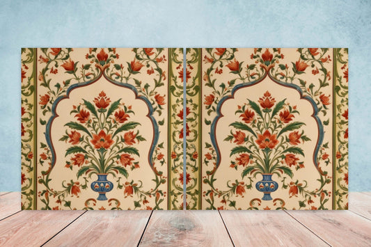 Flower Ceramic Gloss Wall Tiles Set of 2 - Botanical Wall Art Print - Indian Mughal art - Floral Home Decor - Botanical print - Mughal Wall