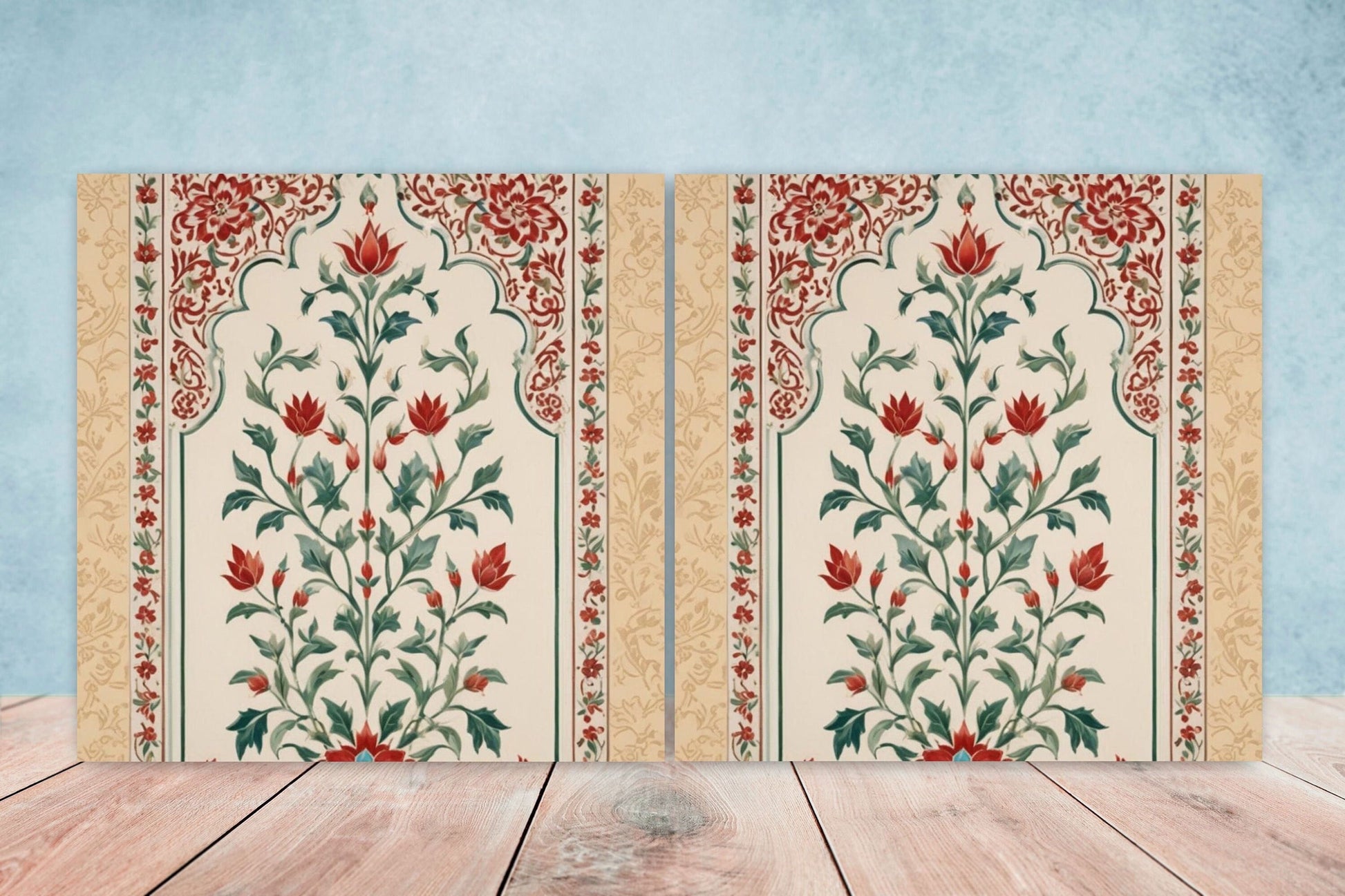 Flower Ceramic Gloss Wall Tiles Set of 2 - Botanical Wall Art Print - Indian Mughal art - Floral Home Decor - Botanical print - Mughal Wall