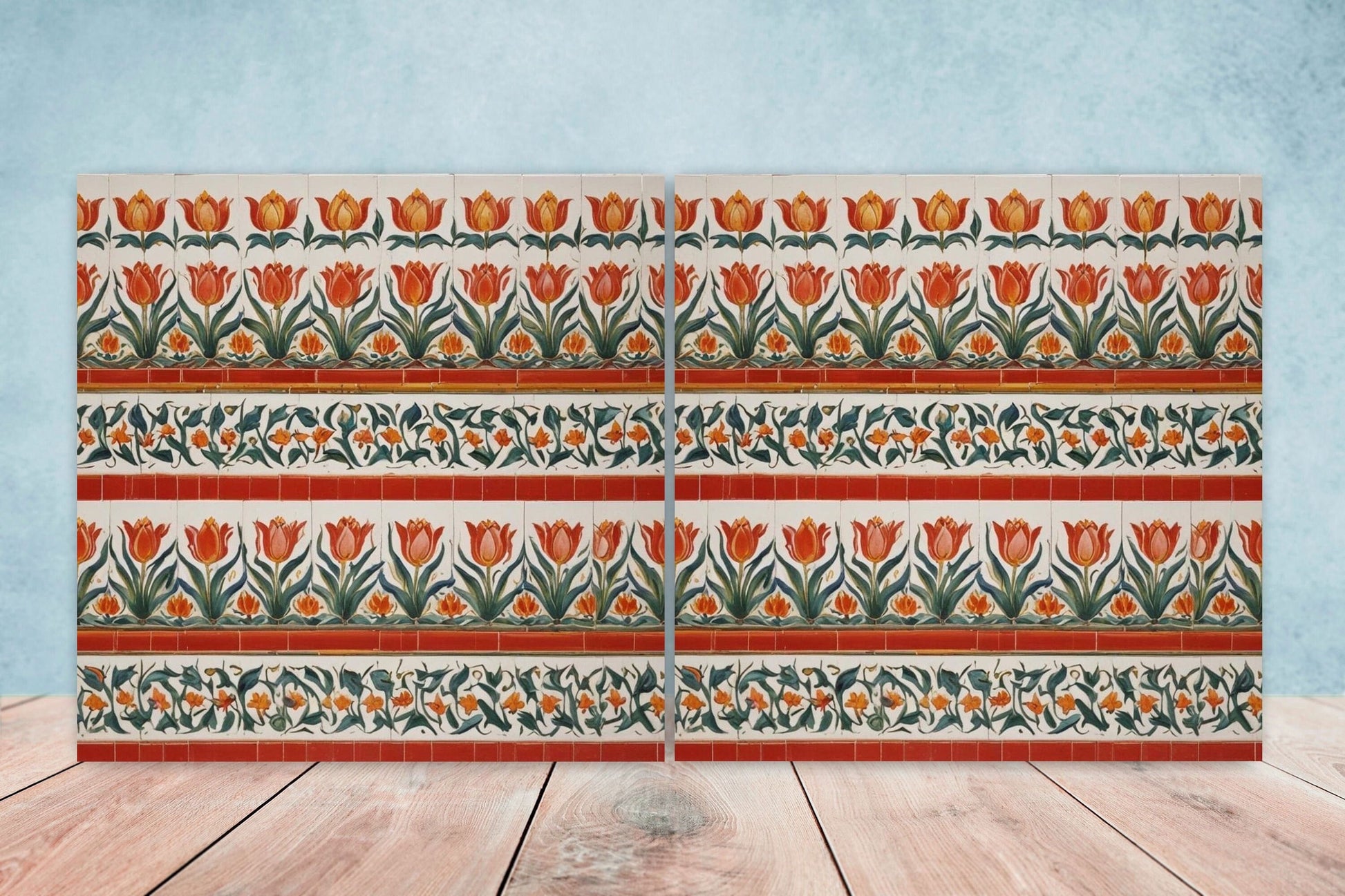 Flower Ceramic Gloss Wall Tiles Set of 2 - Tulip Wall Art Print - Indian Mughal art - Floral Home Decor - Tulips print - Mughal Wall Art