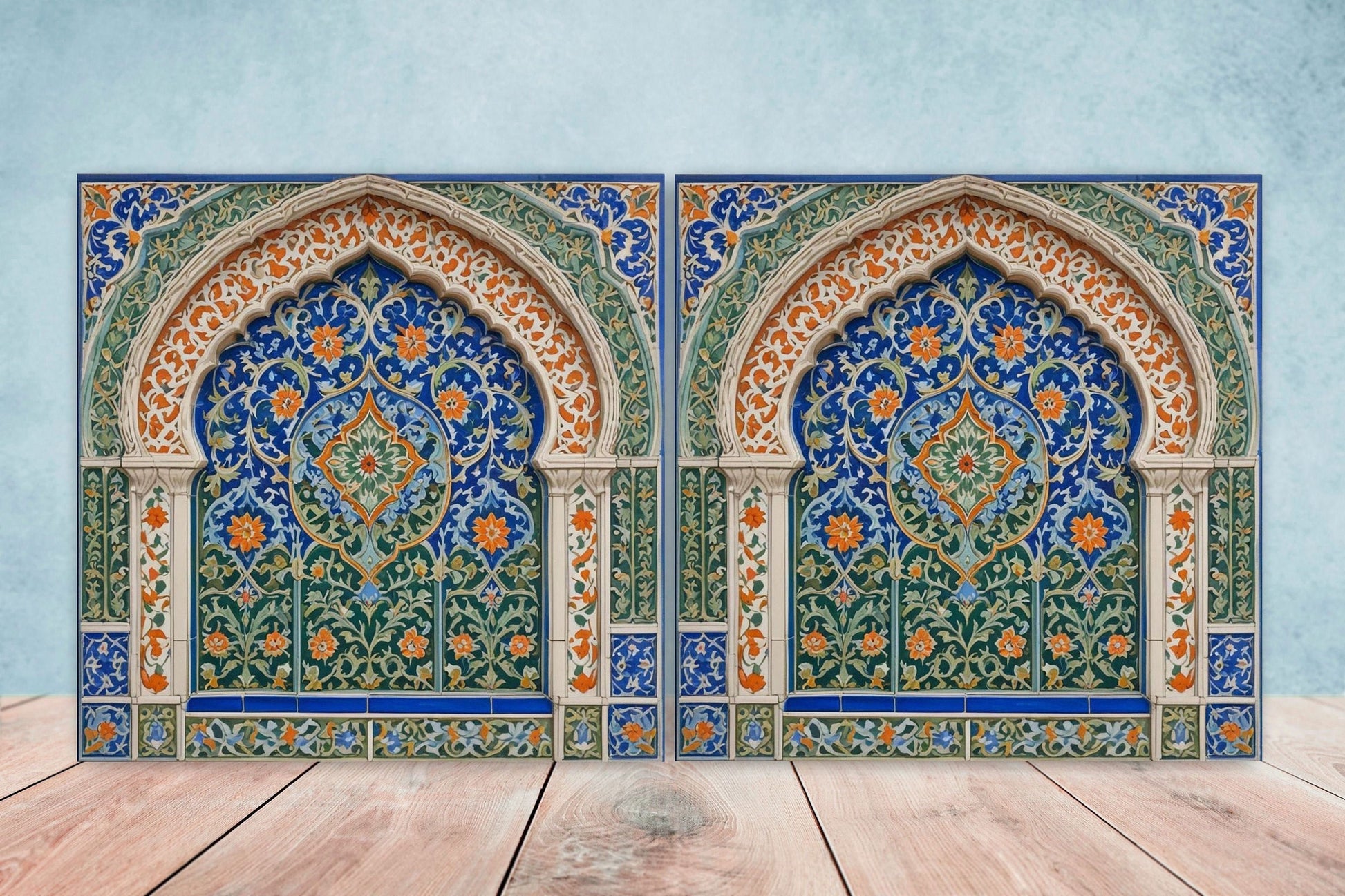 Flower Ceramic Gloss Wall Tiles Set of 2 - Botanical Wall Art Print - Indian Mughal art - Floral Home Decor - Botanical print - Mughal Wall