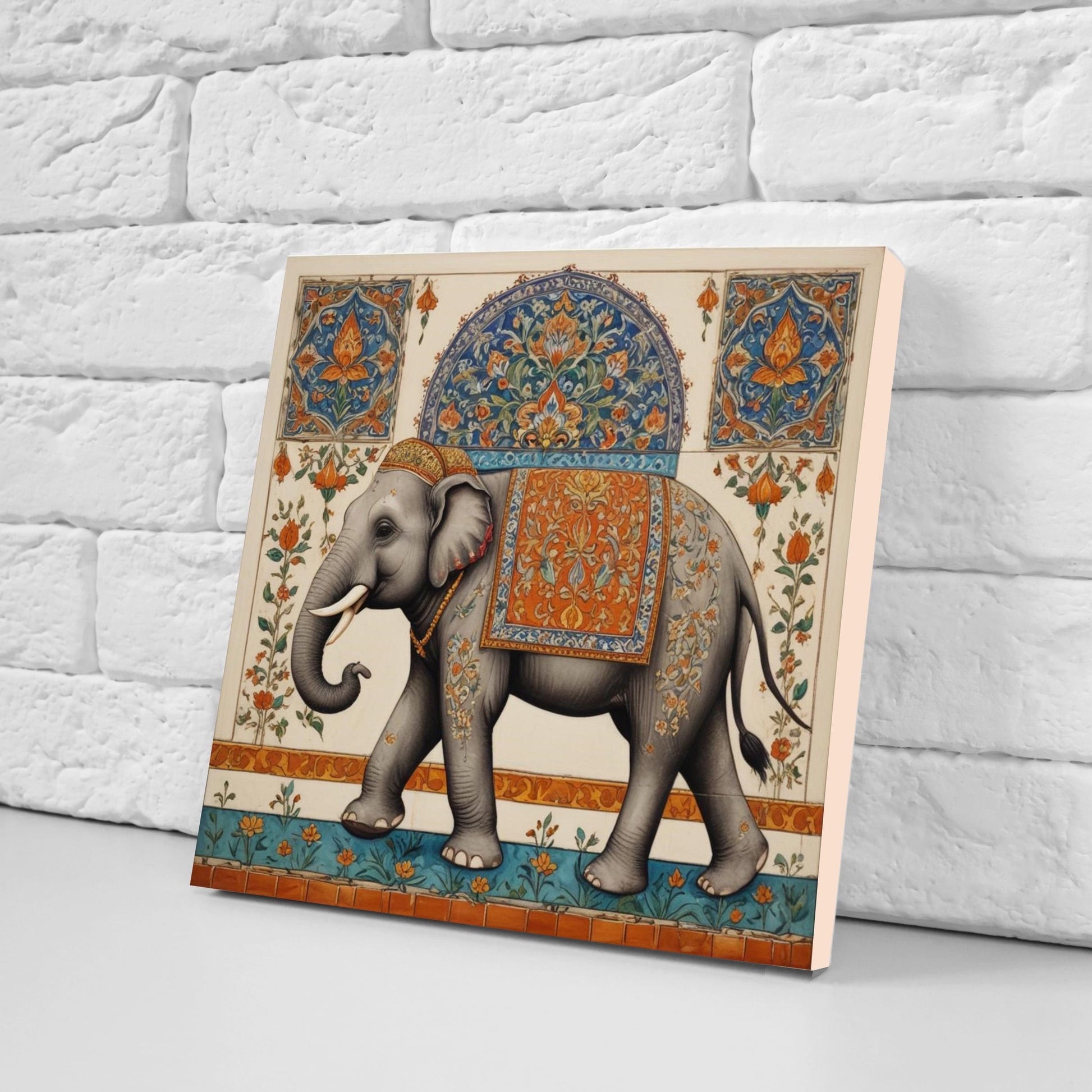 Indian Elephant Ceramic Gloss Wall Tiles Set of 2 - Elephant Wall Art Print - Elephant Mughal art - Elephant Home Decor - Elephant print