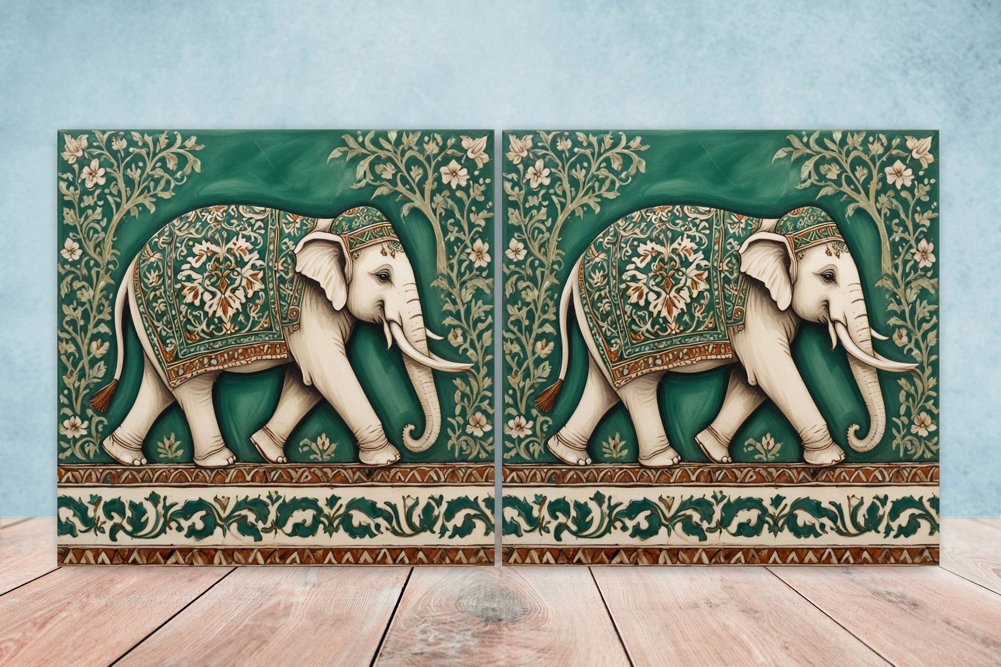 Indian Elephant Ceramic Gloss Wall Tiles Set of 2 - Elephant Wall Art Print - Elephant Mughal art - Elephant Home Decor - Elephant print