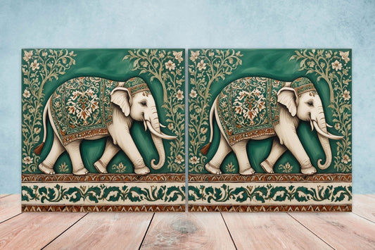 Indian Elephant Ceramic Gloss Wall Tiles Set of 2 - Elephant Wall Art Print - Elephant Mughal art - Elephant Home Decor - Elephant print