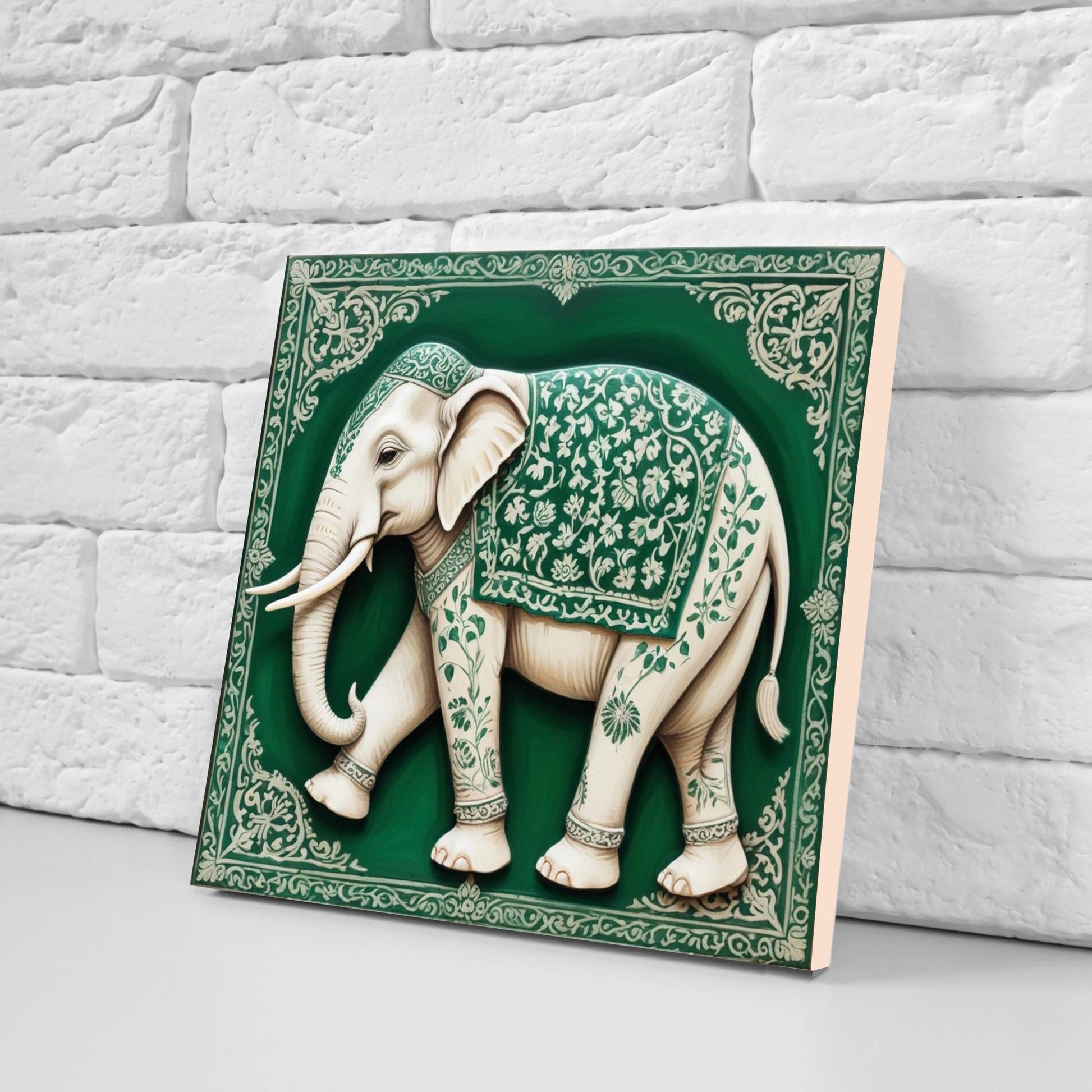 Indian Elephant Ceramic Gloss Wall Tiles Set of 2 - Elephant Wall Art Print - Elephant Mughal art - Elephant Home Decor - Elephant print