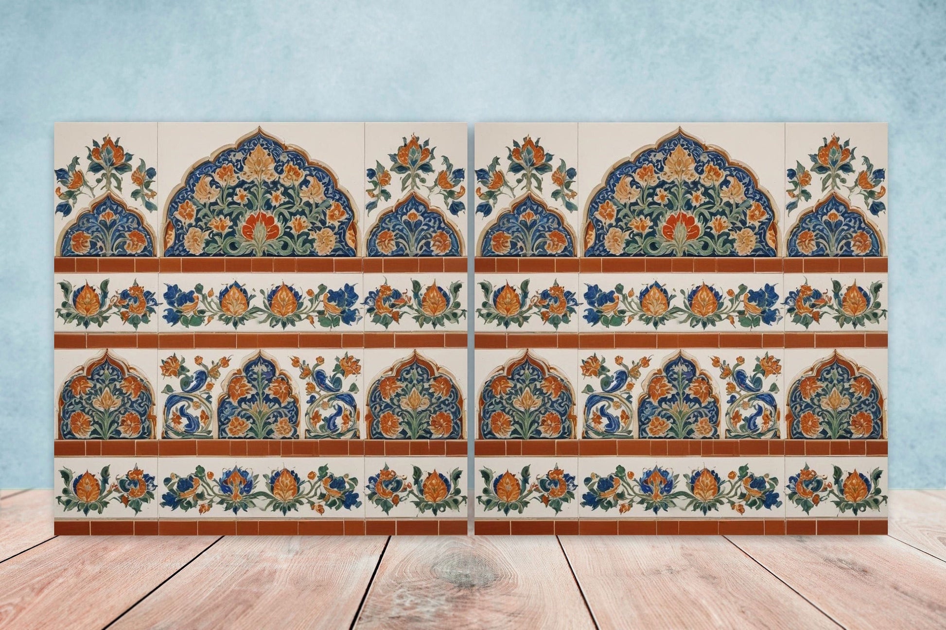 Flower Ceramic Gloss Wall Tiles Set of 2 - Botanical Wall Art Print - Indian Mughal art - Floral Home Decor - Botanical print - Mughal Wall