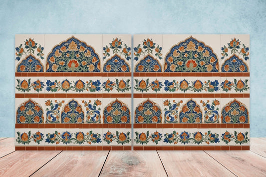 Flower Ceramic Gloss Wall Tiles Set of 2 - Botanical Wall Art Print - Indian Mughal art - Floral Home Decor - Botanical print - Mughal Wall