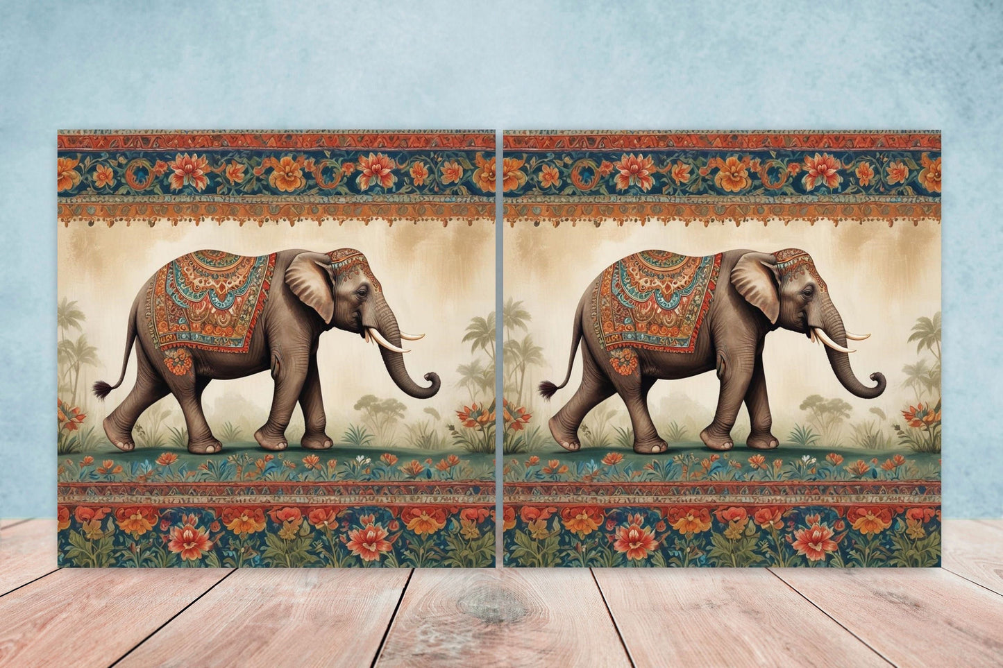 Indian Elephant Ceramic Gloss Wall Tiles Set of 2 - Elephant Wall Art Print - Elephant Mughal art - Elephant Home Decor - Elephant print