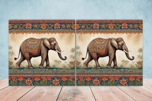 Indian Elephant Ceramic Gloss Wall Tiles Set of 2 - Elephant Wall Art Print - Elephant Mughal art - Elephant Home Decor - Elephant print