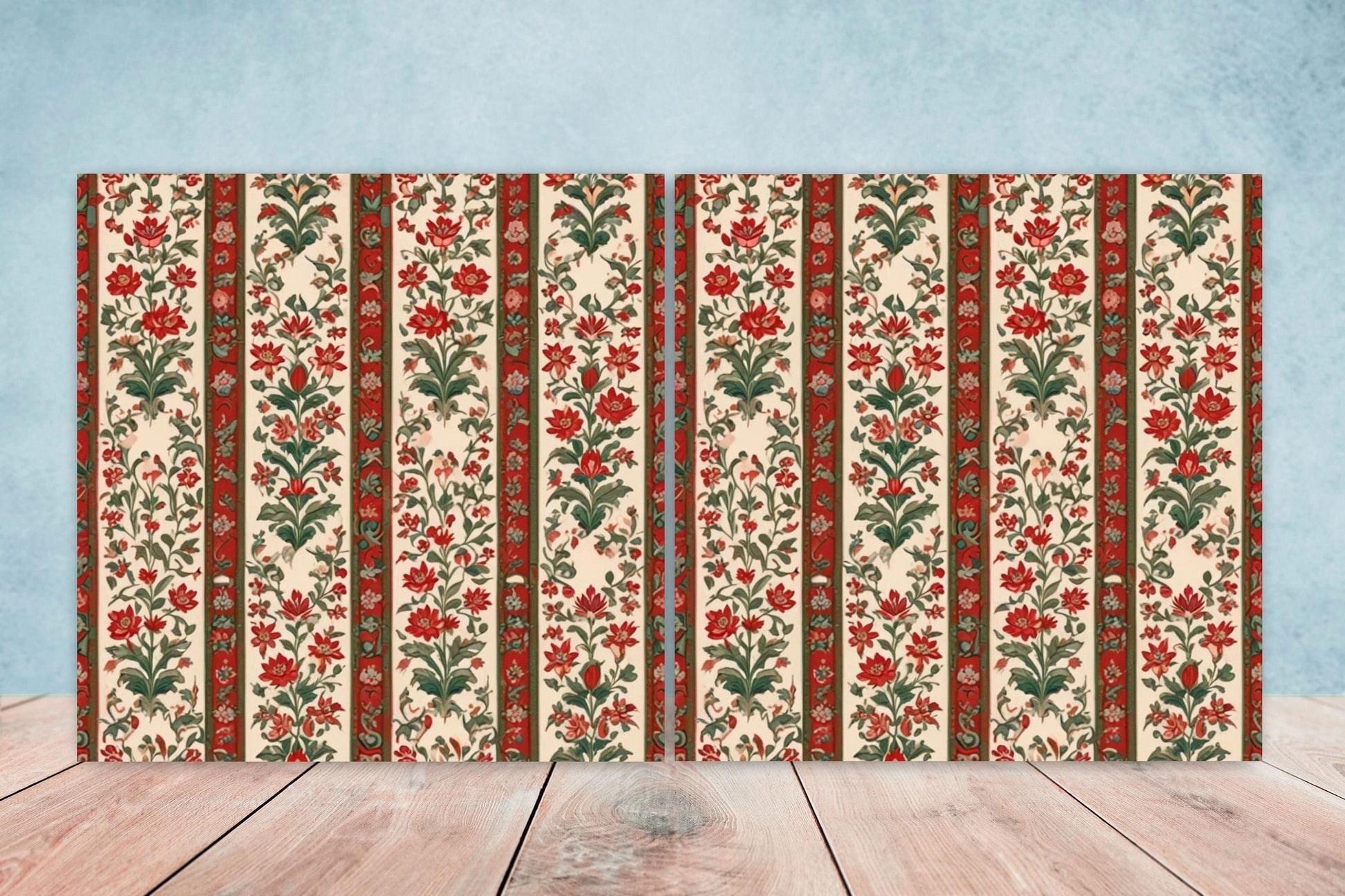 Flower Ceramic Gloss Wall Tiles Set of 2 - Botanical Wall Art Print - Indian Mughal art - Floral Home Decor - Botanical print - Mughal Wall