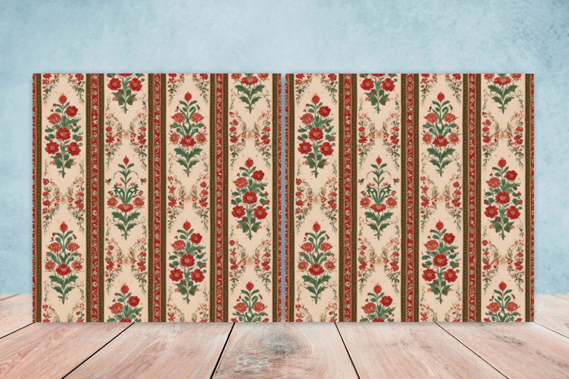 Flower Ceramic Gloss Wall Tiles Set of 2 - Botanical Wall Art Print - Indian Mughal art - Floral Home Decor - Botanical print - Mughal Wall