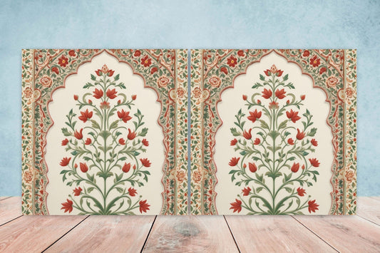 Flower Ceramic Gloss Wall Tiles Set of 2 - Botanical Wall Art Print - Indian Mughal art - Floral Home Decor - Botanical print - Mughal Wall