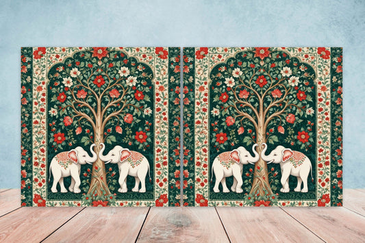 Indian Elephant Ceramic Gloss Wall Tiles Set of 2 - Elephant Wall Art Print - Elephant Mughal art - Elephant Home Decor - Elephant print
