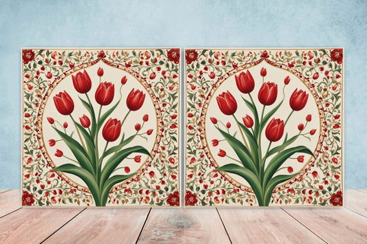 Flower Ceramic Gloss Wall Tiles Set of 2 - Tulip Wall Art Print - Indian Mughal art - Floral Home Decor - Tulips print - Mughal Wall Art