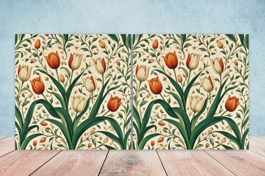 Flower Ceramic Gloss Wall Tiles Set of 2 - Tulip Wall Art Print - Indian Mughal art - Floral Home Decor - Tulips print - Mughal Wall Art