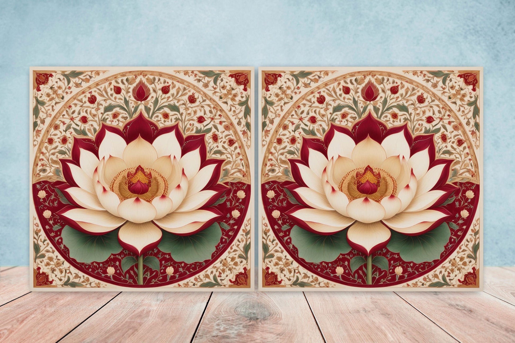 Flower Ceramic Gloss Wall Tiles Set of 2 - Lotus Wall Art Print - Indian Mughal art - Floral Home Decor - Lotus print - Mughal Wall Art