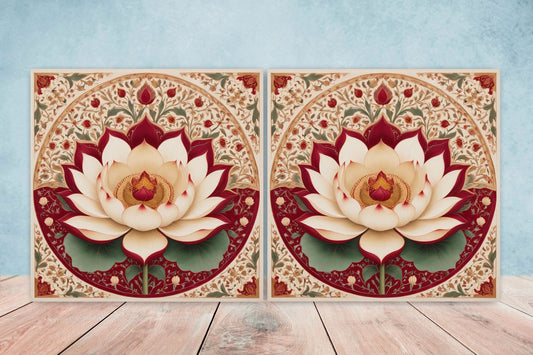Flower Ceramic Gloss Wall Tiles Set of 2 - Lotus Wall Art Print - Indian Mughal art - Floral Home Decor - Lotus print - Mughal Wall Art
