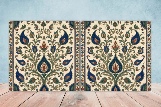 Flower Ceramic Gloss Wall Tiles Set of 2 - Botanical Wall Art Print - Indian Mughal art - Floral Home Decor - Botanical print - Mughal Wall