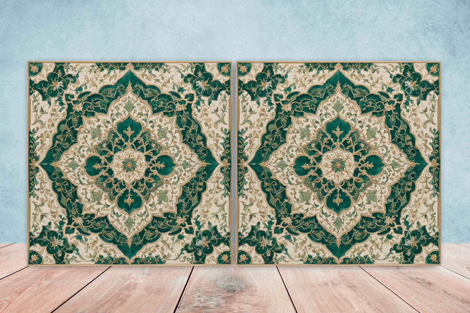 Flower Ceramic Gloss Wall Tiles Set of 2 - Botanical Wall Art Print - Indian Mughal art - Floral Home Decor - Botanical print - Mughal Wall