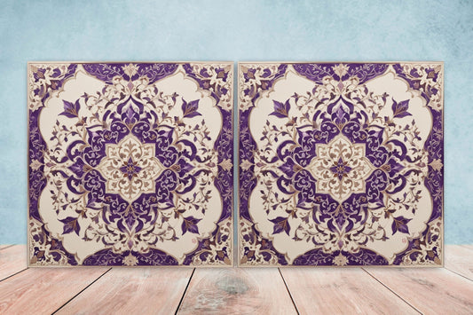 Flower Ceramic Gloss Wall Tiles Set of 2 - Botanical Wall Art Print - Indian Mughal art - Floral Home Decor - Botanical print - Mughal Wall