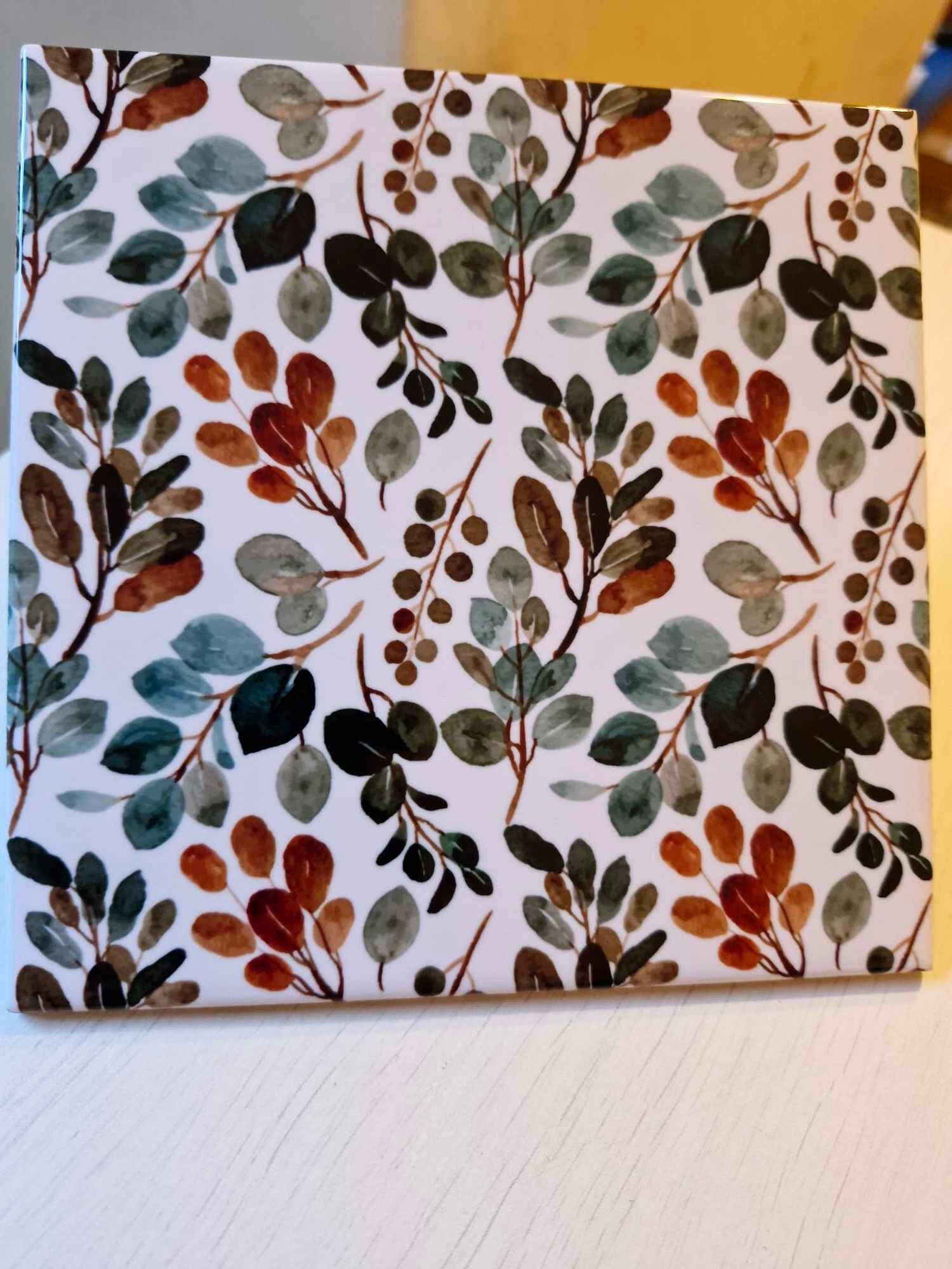 Floral Tiles Watercolor Flowers Leaves Leaf Design -Set of 2 Wall Decor Tiles-Kitchen Backsplash Tiles,Table Decorative Tiles,Bathroom tiles