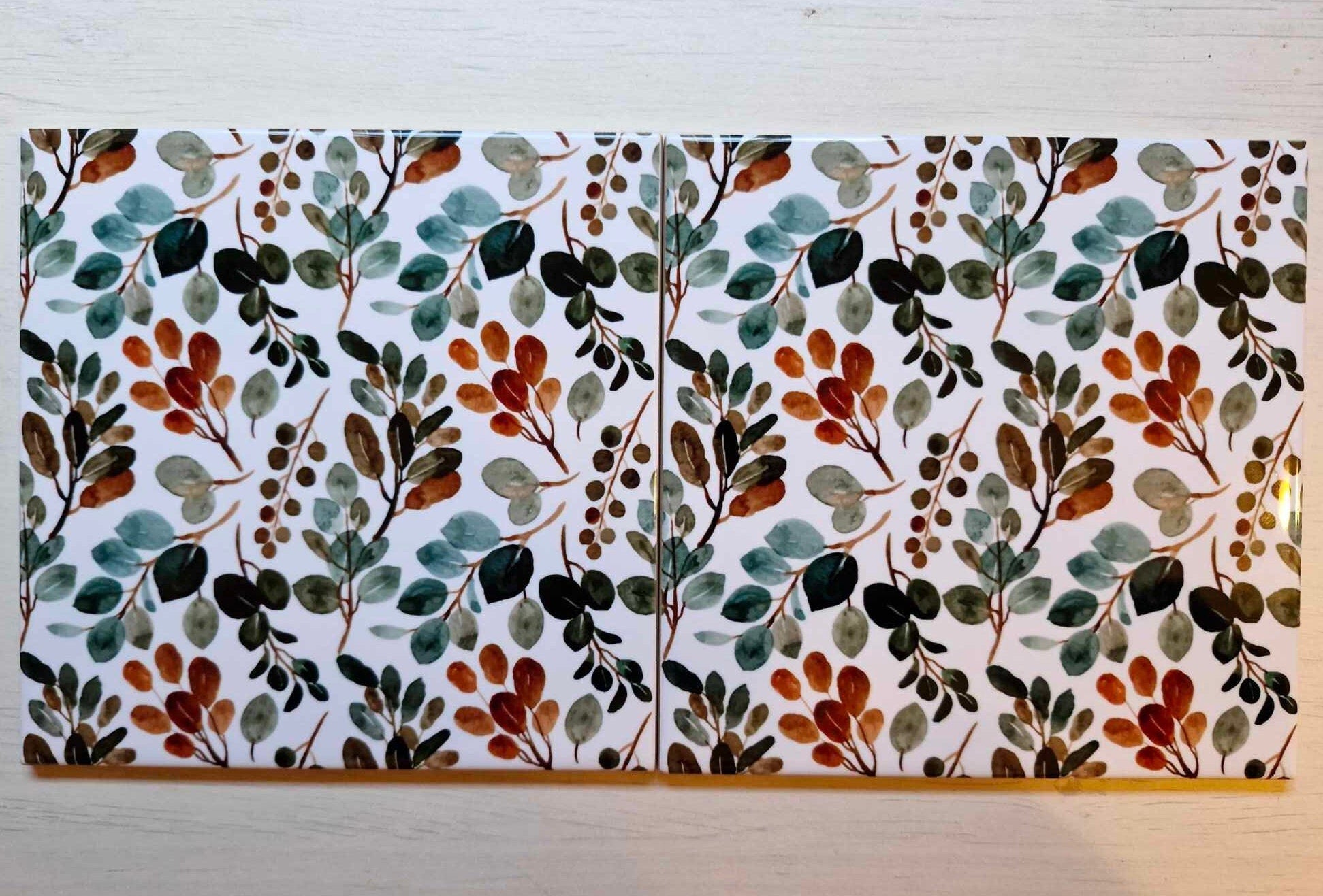 Floral Tiles Watercolor Flowers Leaves Leaf Design -Set of 2 Wall Decor Tiles-Kitchen Backsplash Tiles,Table Decorative Tiles,Bathroom tiles