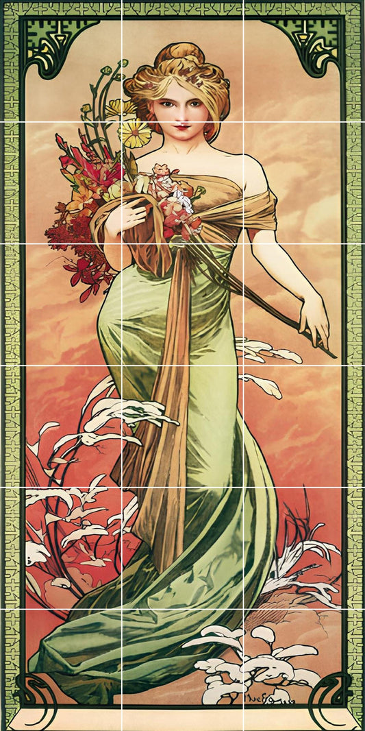 Tile Mural/Mosaic Ceramic Panel of Alphonse Mucha - Alphonse Mucha wall print - Mucha Spring wall art - Tile Mural -Gloss Tiles- Tile Mosaic