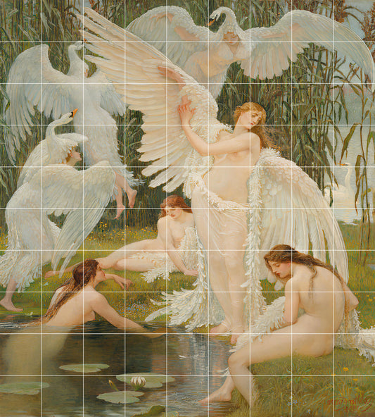 Tile Mural/Mosaic Ceramic Panel of Walter Crane The Swan Maidens - Walter Crane wall art - Art Nouveau Tile Mural -Crane print - Tile Mosaic
