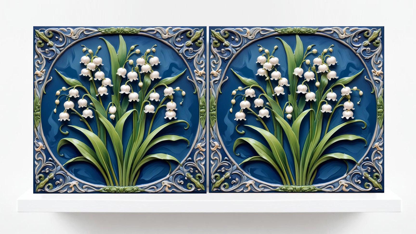 Art Nouveau Flower Ceramic Tiles - Set of 2 Art Nouveau Wall Decor Tiles - Kitchen Backsplash Tiles, Table Decorative Tiles, Bathroom Tiles