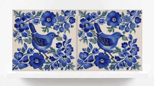 Bird and Flowers Ceramic Tiles -Set of 2 Bird Tile Backsplash Wall Decor Bird Tile Bathroom Bird and Floral Art Print Shower Walls Tile Blue