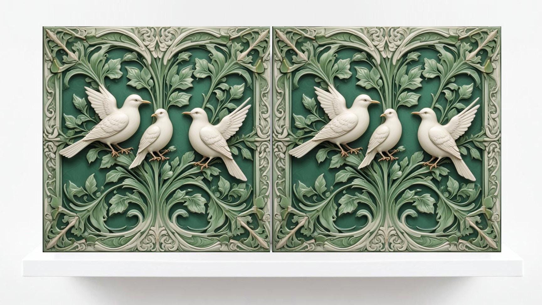 Art Nouveau Bird and Flower Ceramic tiles -Set of 2 Dove Wall Art Tile Bird and Tree Home Decor- Kitchen Backsplash -Bathroom- Shower -Sink
