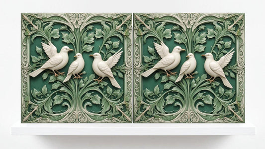 Art Nouveau Bird and Flower Ceramic tiles -Set of 2 Dove Wall Art Tile Bird and Tree Home Decor- Kitchen Backsplash -Bathroom- Shower -Sink